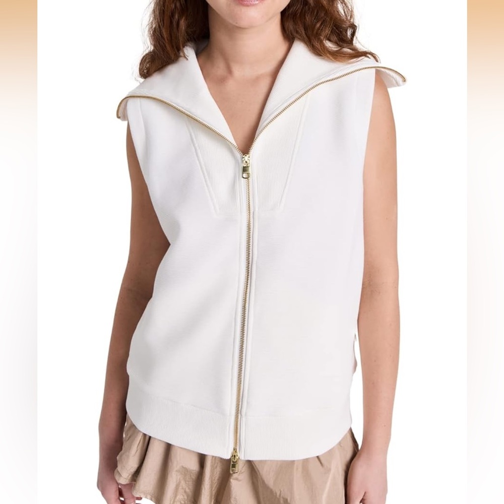 Varley White Sleeveless Zip-Front Vest with Gold Trim